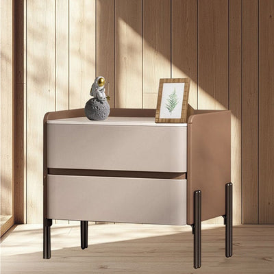 Modern Luxury Sintered Stone Microfiber Leather Solid Wood Rounded Square Nightstand With 2 Drawers For Bedroom