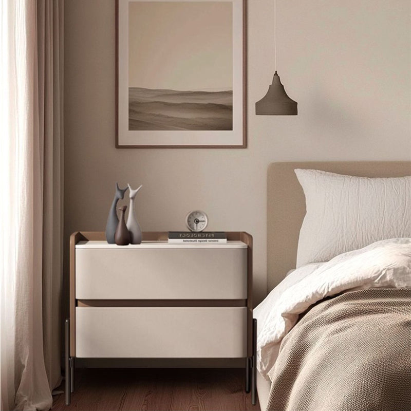 Modern Luxury Sintered Stone Microfiber Leather Solid Wood Rounded Square Nightstand With 2 Drawers For Bedroom