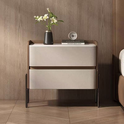 Modern Luxury Sintered Stone Microfiber Leather Solid Wood Rounded Square Nightstand With 2 Drawers For Bedroom