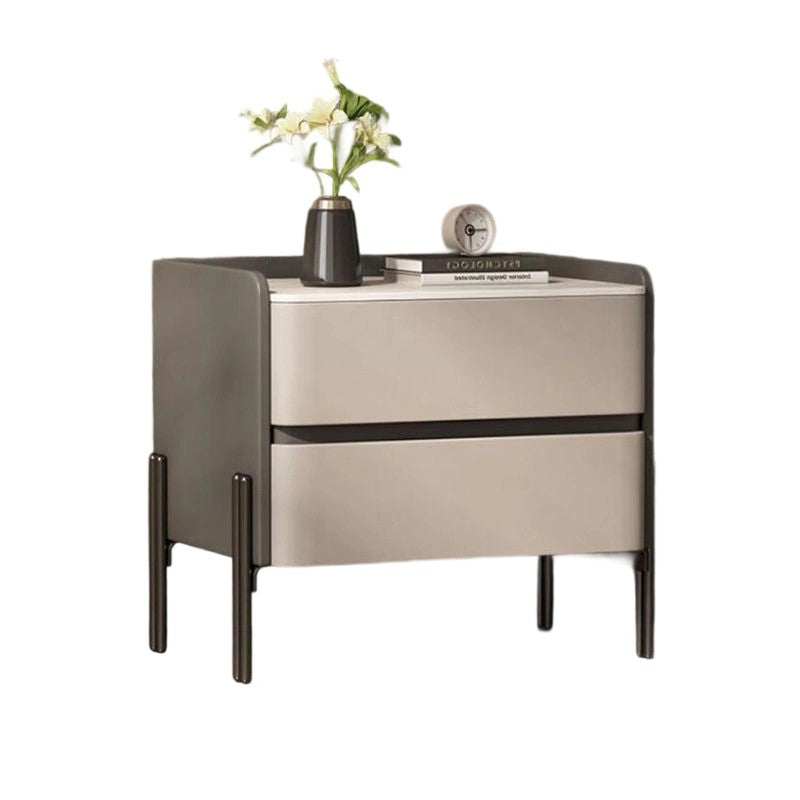 Modern Luxury Sintered Stone Microfiber Leather Solid Wood Rounded Square Nightstand With 2 Drawers For Bedroom