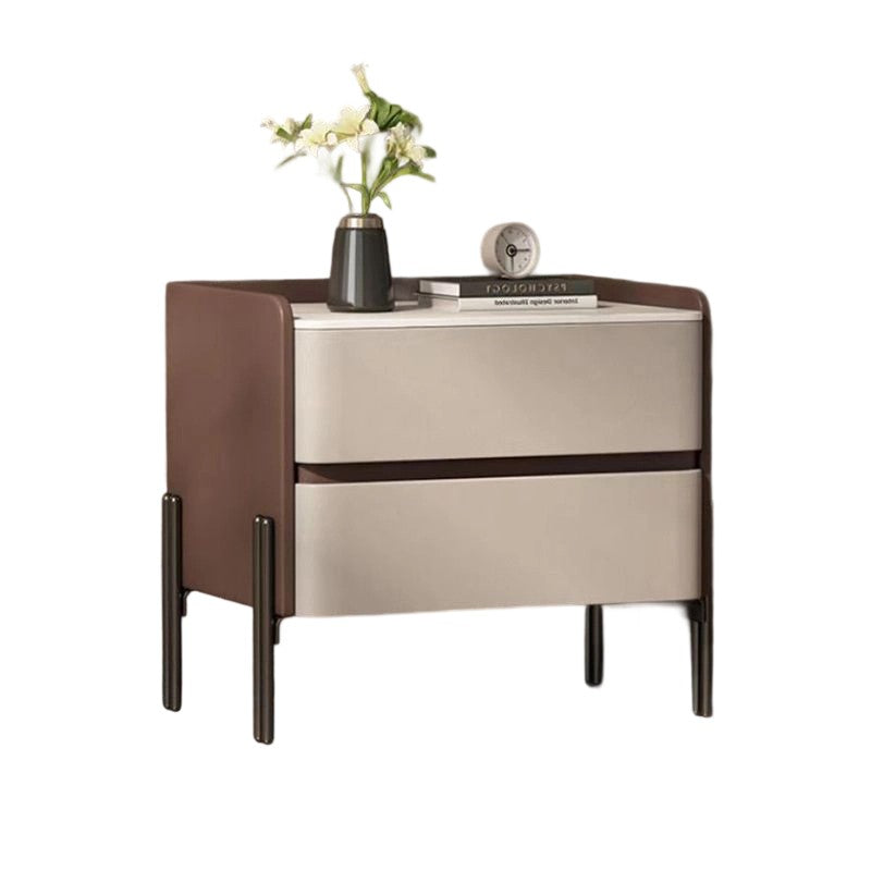 Modern Luxury Sintered Stone Microfiber Leather Solid Wood Rounded Square Nightstand With 2 Drawers For Bedroom