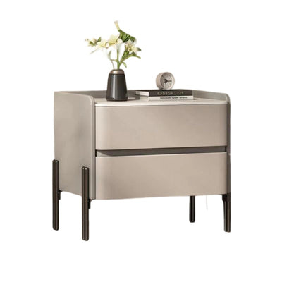 Modern Luxury Sintered Stone Microfiber Leather Solid Wood Rounded Square Nightstand With 2 Drawers For Bedroom