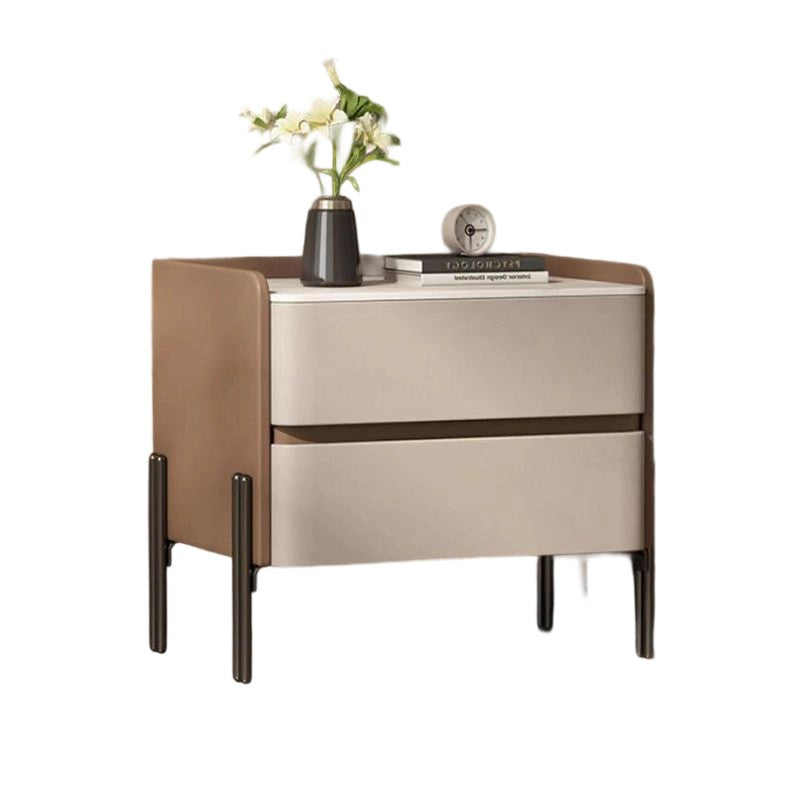 Modern Luxury Sintered Stone Microfiber Leather Solid Wood Rounded Square Nightstand With 2 Drawers For Bedroom