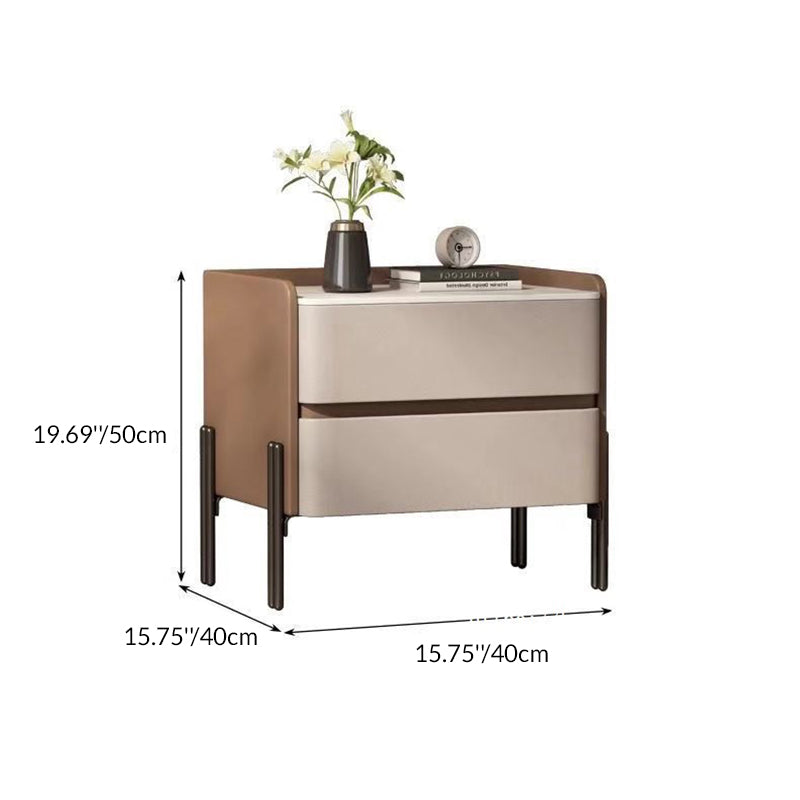 Modern Luxury Sintered Stone Microfiber Leather Solid Wood Rounded Square Nightstand With 2 Drawers For Bedroom