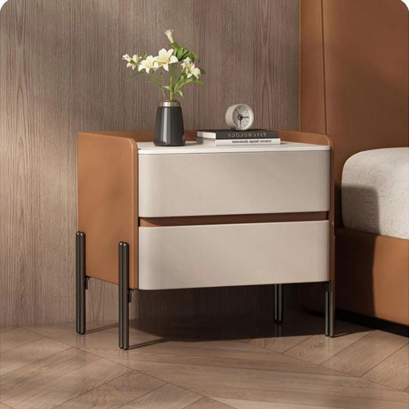 Modern Luxury Sintered Stone Microfiber Leather Solid Wood Rounded Square Nightstand With 2 Drawers For Bedroom