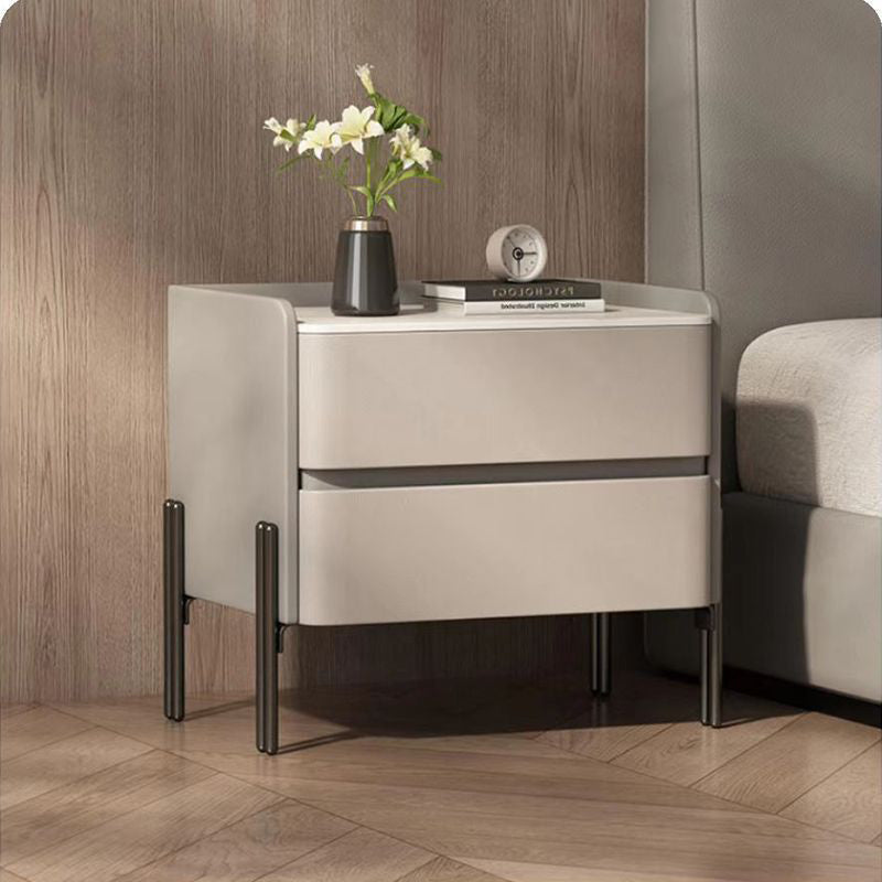 Modern Luxury Sintered Stone Microfiber Leather Solid Wood Rounded Square Nightstand With 2 Drawers For Bedroom