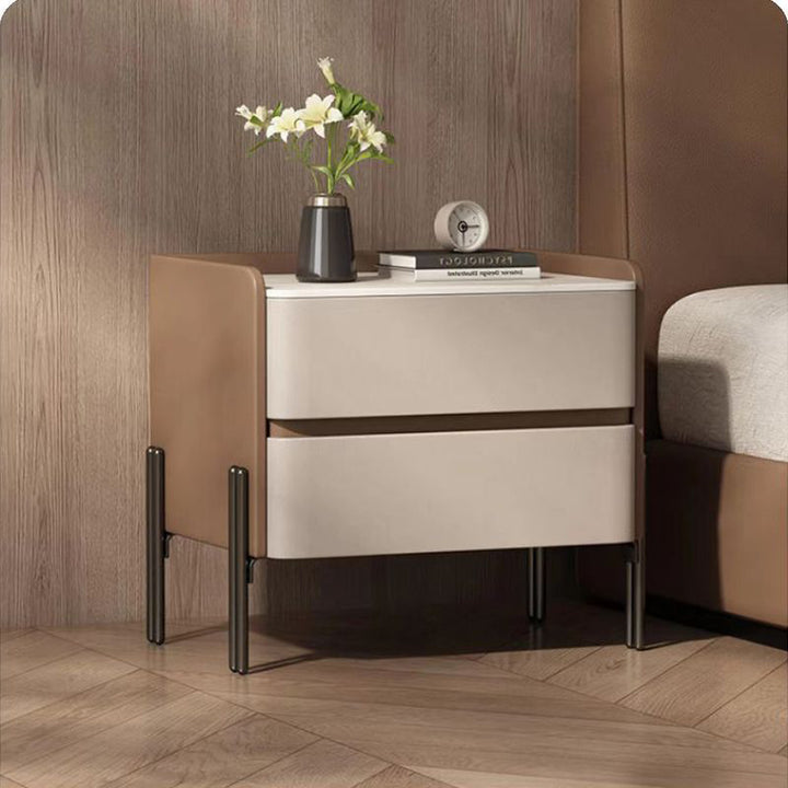 Moderner luxuriöser Nachttisch aus Sinterstein, Mikrofaserleder und Sperrholz in abgerundet quadratischer Form mit 2 Schubladen fürs Schlafzimmer 
