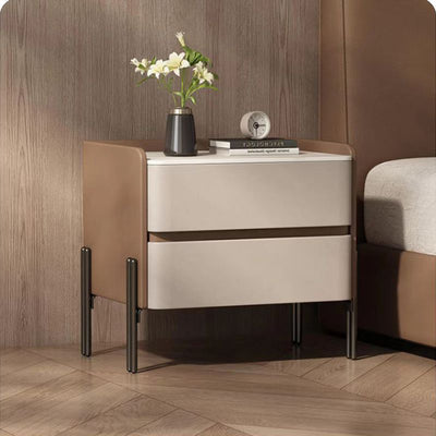 Modern Luxury Sintered Stone Microfiber Leather Solid Wood Rounded Square Nightstand With 2 Drawers For Bedroom