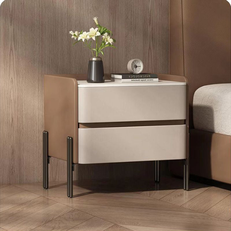 Modern Luxury Sintered Stone Microfiber Leather Solid Wood Rounded Square Nightstand With 2 Drawers For Bedroom