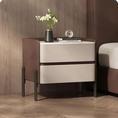 Modern Luxury Sintered Stone Microfiber Leather Solid Wood Rounded Square Nightstand With 2 Drawers For Bedroom