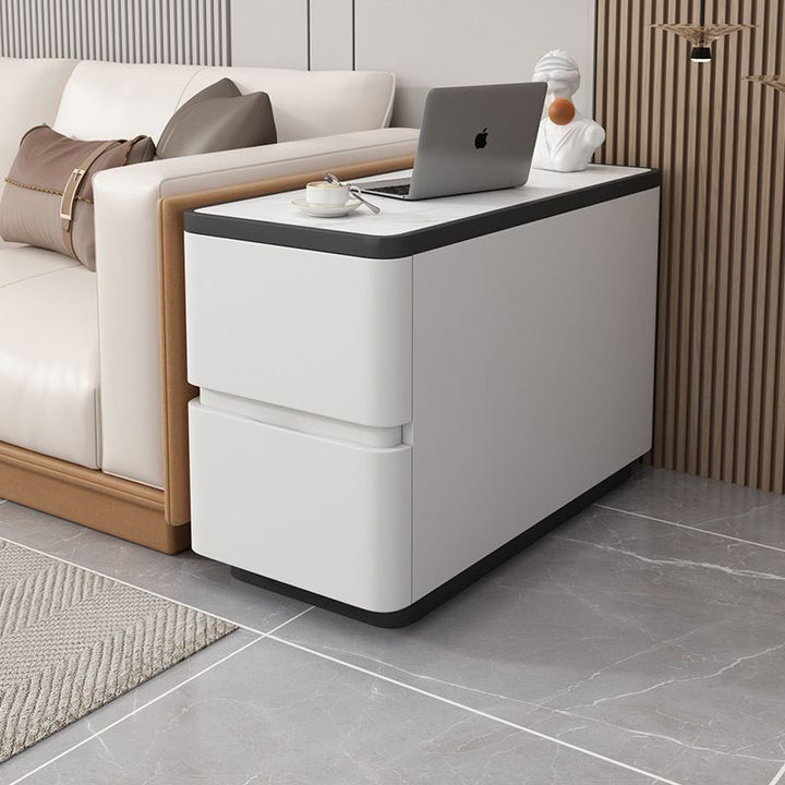 Modern Luxury Cat Scratch Leather Pine Wood MDF Sintered Stone Rounded Rectangular Side Table With 2 Drawers For Living Room