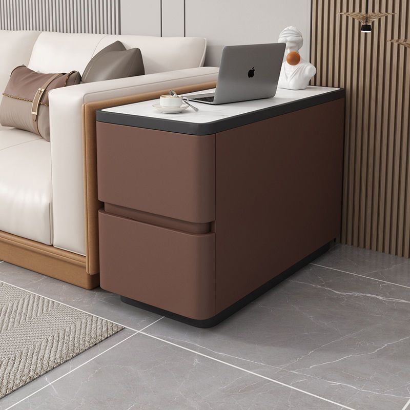 Modern Luxury Cat Scratch Leather Wood Sintered Stone Rounded Rectangular Side Table With 2 Drawers For Living Room