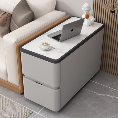 Modern Luxury Cat Scratch Leather Wood Sintered Stone Rounded Rectangular Side Table With 2 Drawers For Living Room