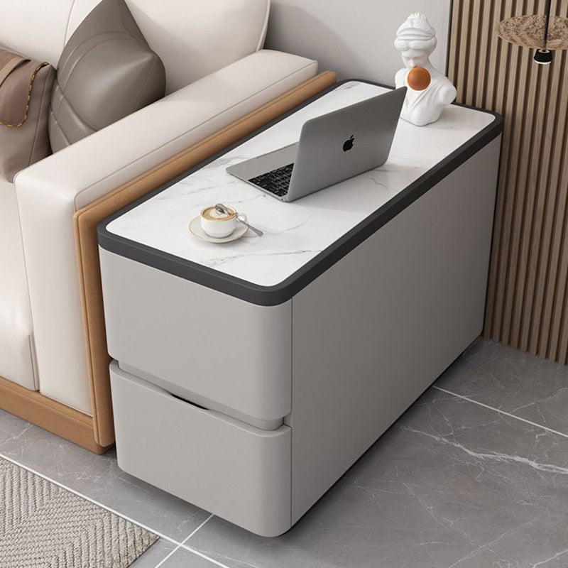 Modern Luxury Cat Scratch Leather Wood Sintered Stone Rounded Rectangular Side Table With 2 Drawers For Living Room