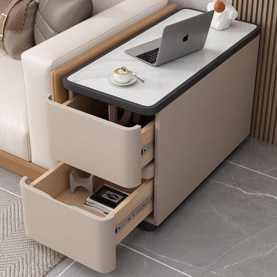 Modern Luxury Cat Scratch Leather Wood Sintered Stone Rounded Rectangular Side Table With 2 Drawers For Living Room