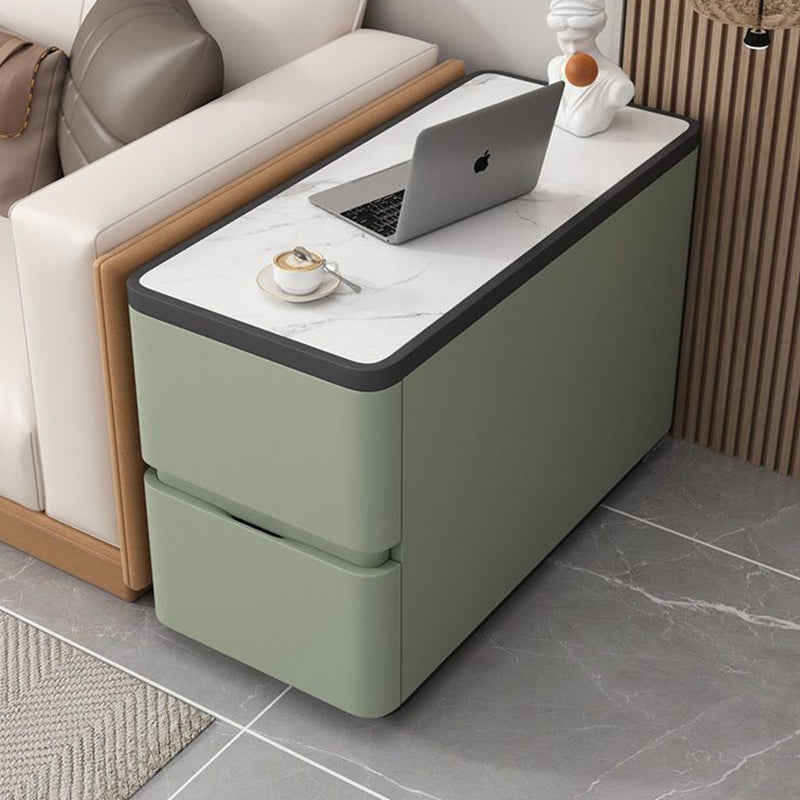 Modern Luxury Cat Scratch Leather Wood Sintered Stone Rounded Rectangular Side Table With 2 Drawers For Living Room