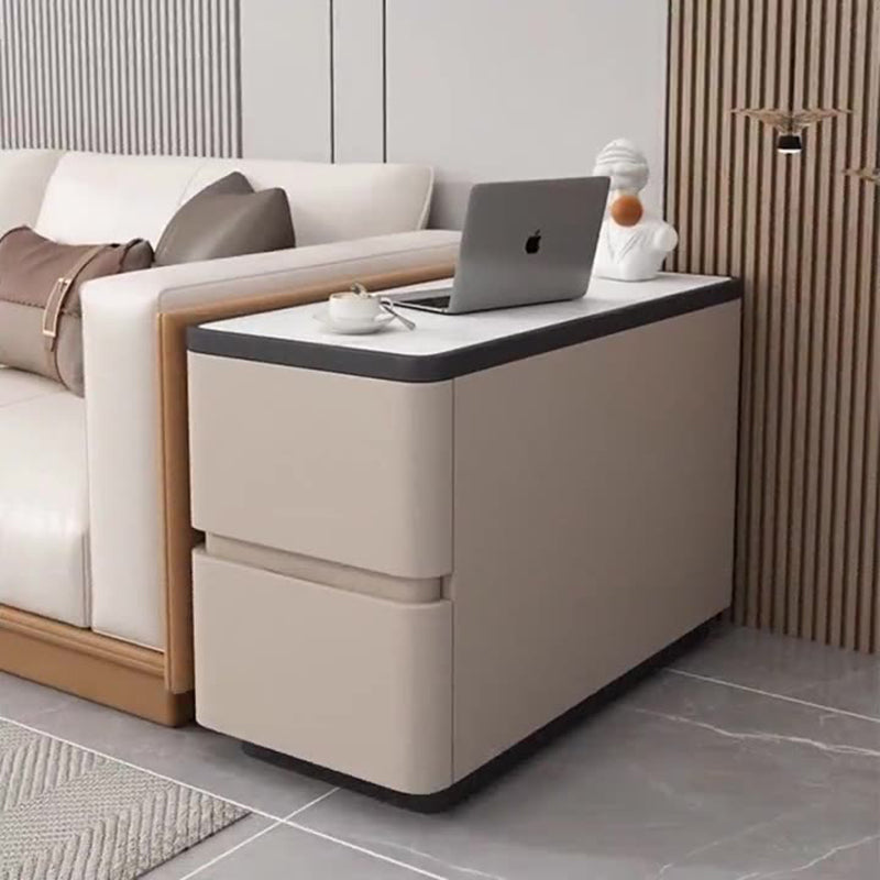 Modern Luxury Cat Scratch Leather Wood Sintered Stone Rounded Rectangular Side Table With 2 Drawers For Living Room