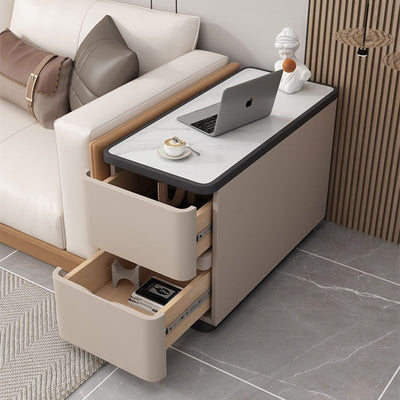 Modern Luxury Cat Scratch Leather Wood Sintered Stone Rounded Rectangular Side Table With 2 Drawers For Living Room