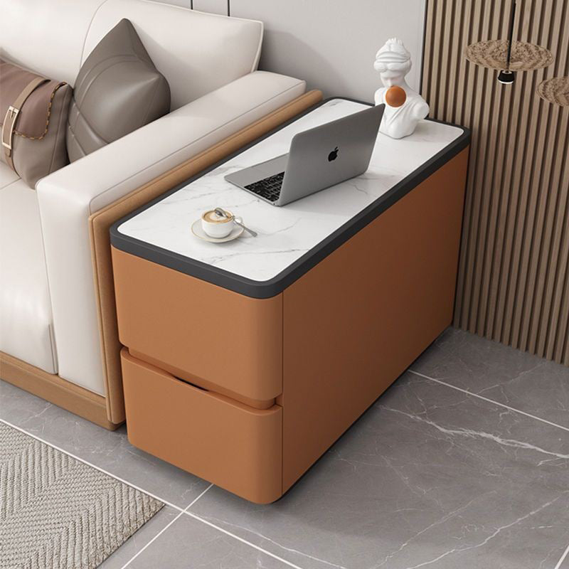 Modern Luxury Cat Scratch Leather Wood Sintered Stone Rounded Rectangular Side Table With 2 Drawers For Living Room