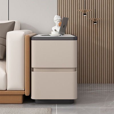 Modern Luxury Cat Scratch Leather Wood Sintered Stone Rounded Rectangular Side Table With 2 Drawers For Living Room