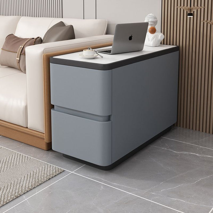 Modern Luxury Cat Scratch Leather Pine Wood MDF Sintered Stone Rounded Rectangular Side Table With 2 Drawers For Living Room