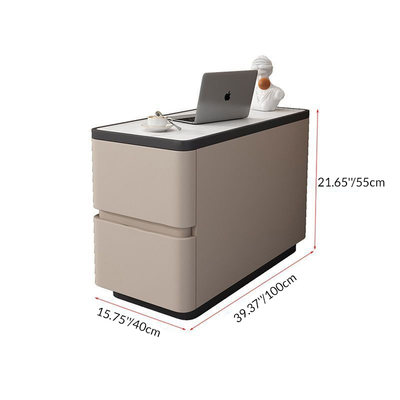 Modern Luxury Cat Scratch Leather Wood Sintered Stone Rounded Rectangular Side Table With 2 Drawers For Living Room