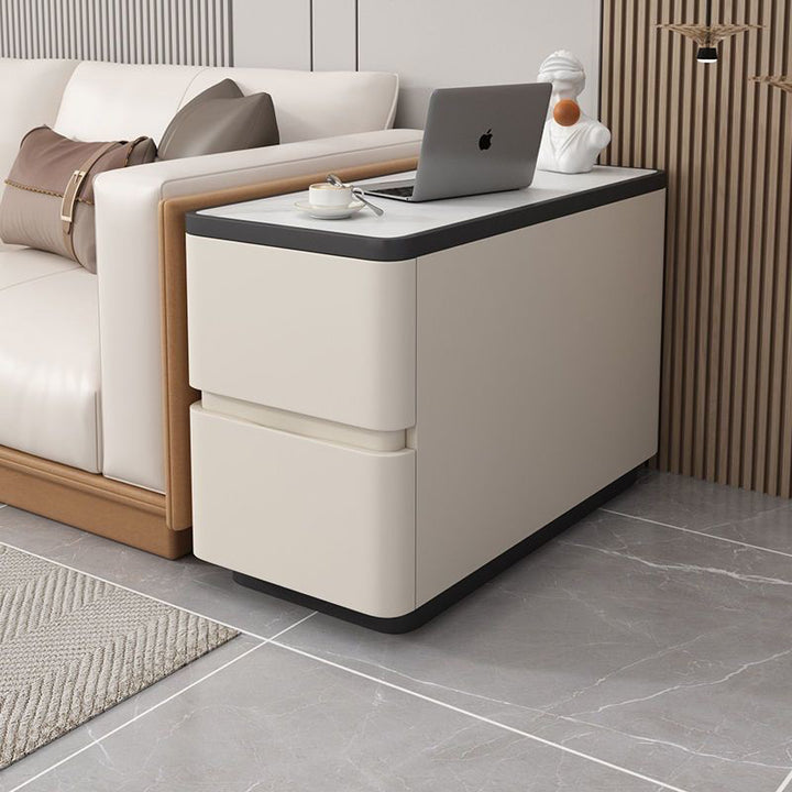 Modern Luxury Cat Scratch Leather Pine Wood MDF Sintered Stone Rounded Rectangular Side Table With 2 Drawers For Living Room