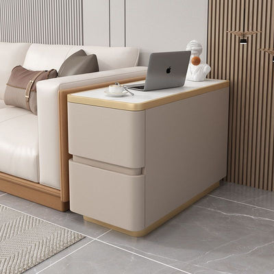 Modern Luxury Cat Scratch Leather Wood Sintered Stone Rounded Rectangular Side Table With 2 Drawers For Living Room