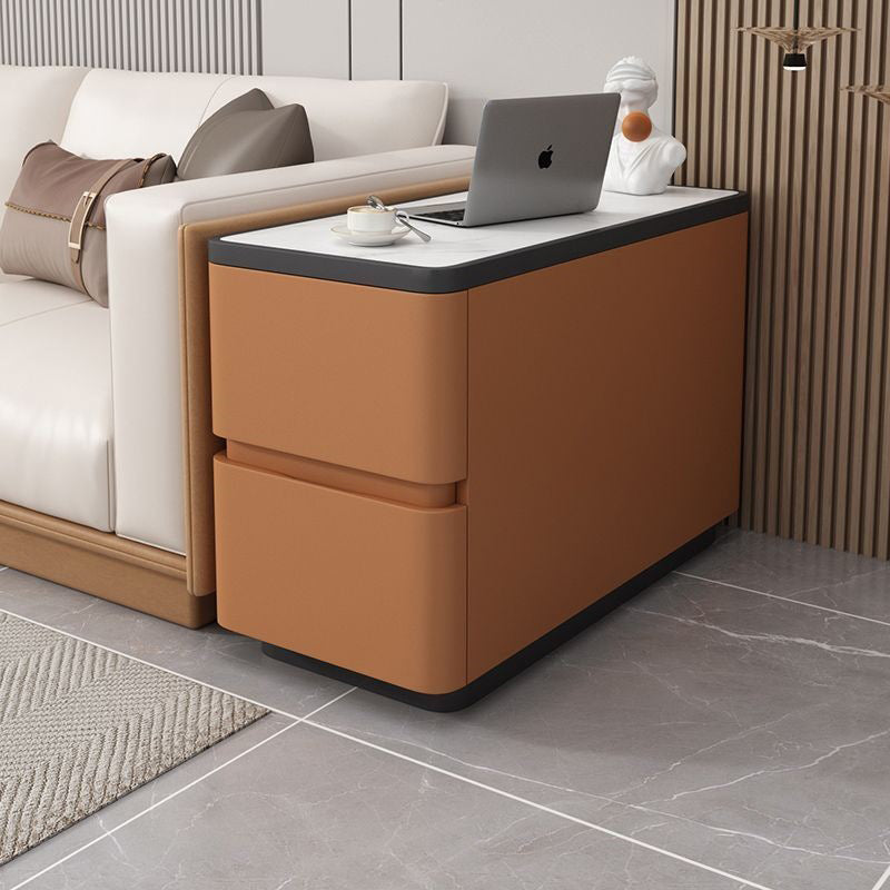 Modern Luxury Cat Scratch Leather Wood Sintered Stone Rounded Rectangular Side Table With 2 Drawers For Living Room