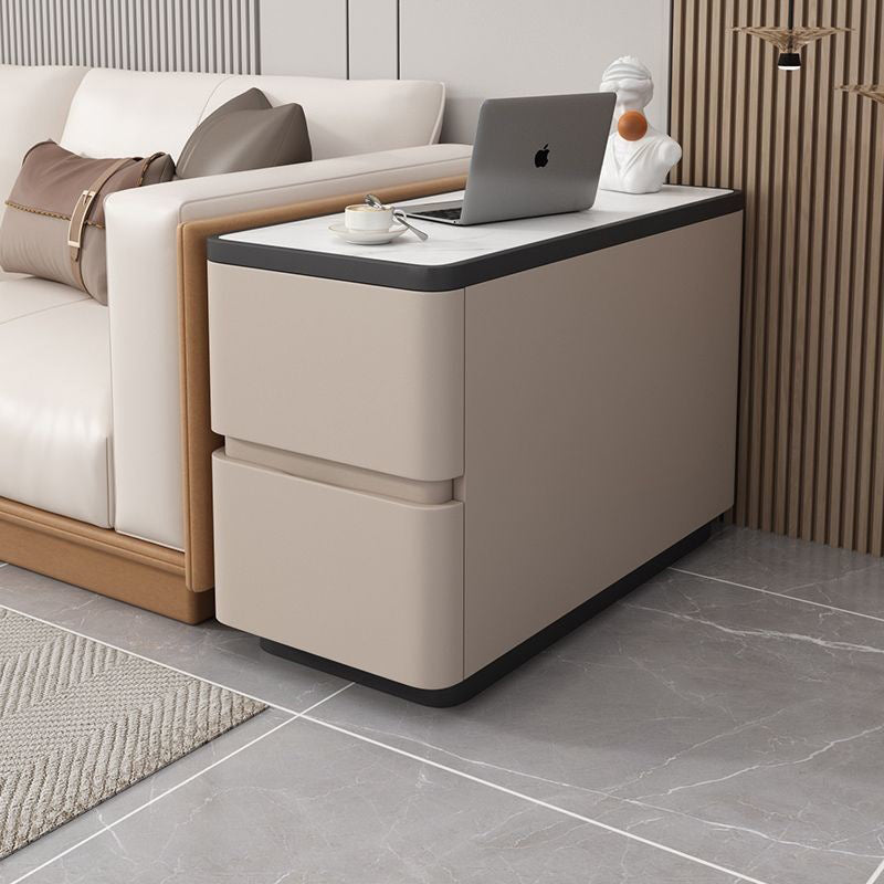 Modern Luxury Cat Scratch Leather Wood Sintered Stone Rounded Rectangular Side Table With 2 Drawers For Living Room