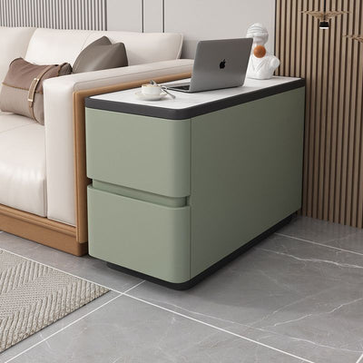 Modern Luxury Cat Scratch Leather Wood Sintered Stone Rounded Rectangular Side Table With 2 Drawers For Living Room