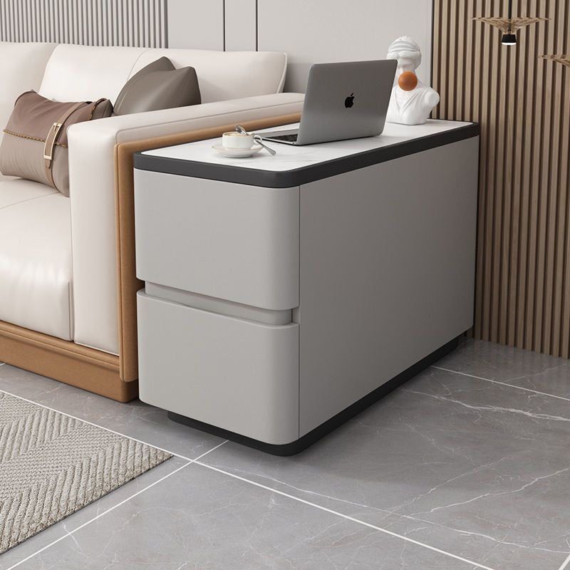 Modern Luxury Cat Scratch Leather Wood Sintered Stone Rounded Rectangular Side Table With 2 Drawers For Living Room