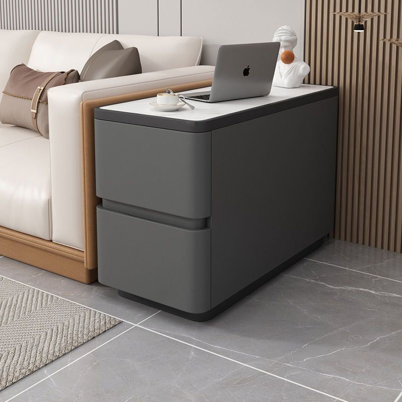 Modern Luxury Cat Scratch Leather Pine Wood MDF Sintered Stone Rounded Rectangular Side Table With 2 Drawers For Living Room