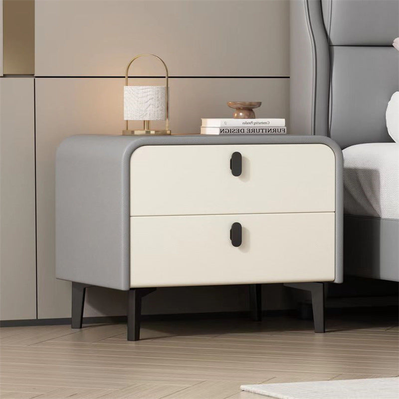 Table de chevet carrée arrondie en bois massif et acier avec microfibre effet cuir, style scandinave contemporain, avec 2 tiroirs pour chambre à coucher 