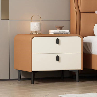 Contemporary Scandinavian Microfiber Leather Solid Wood Steel Rounded Square Nightstand With 2 Drawers For Bedroom