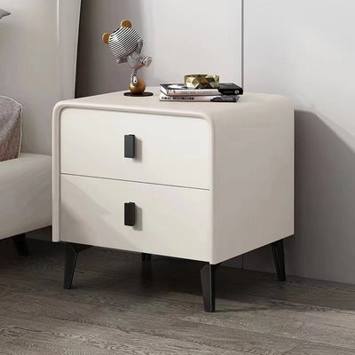 Contemporary Scandinavian Microfiber Leather Solid Wood Steel Rounded Square Nightstand With 2 Drawers For Bedroom