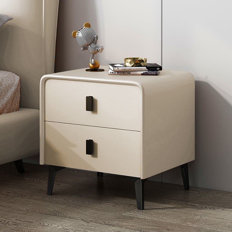 Table de chevet carrée arrondie en bois massif et acier avec microfibre effet cuir, style scandinave contemporain, avec 2 tiroirs pour chambre à coucher 