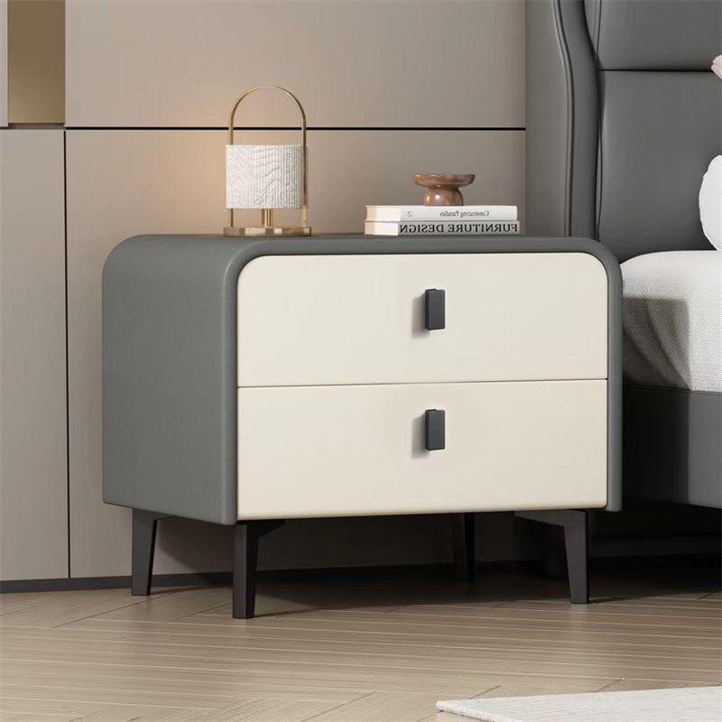 Contemporary Scandinavian Microfiber Leather Solid Wood Steel Rounded Square Nightstand With 2 Drawers For Bedroom