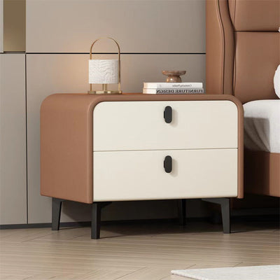 Contemporary Scandinavian Microfiber Leather Solid Wood Steel Rounded Square Nightstand With 2 Drawers For Bedroom