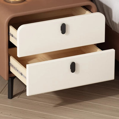 Contemporary Scandinavian Microfiber Leather Solid Wood Steel Rounded Square Nightstand With 2 Drawers For Bedroom