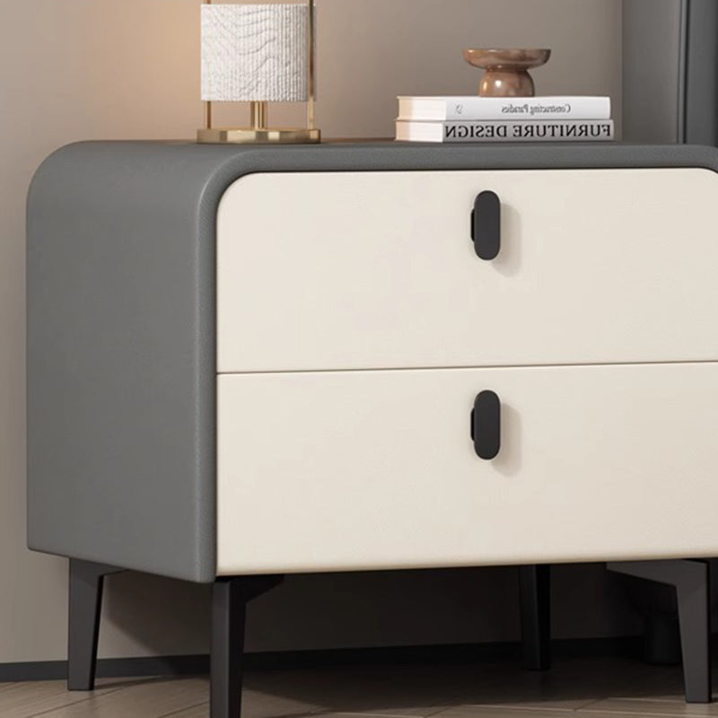 Contemporary Scandinavian Microfiber Leather Solid Wood Steel Rounded Square Nightstand With 2 Drawers For Bedroom