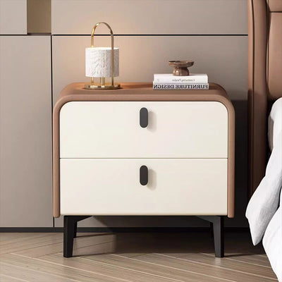 Contemporary Scandinavian Microfiber Leather Solid Wood Steel Rounded Square Nightstand With 2 Drawers For Bedroom