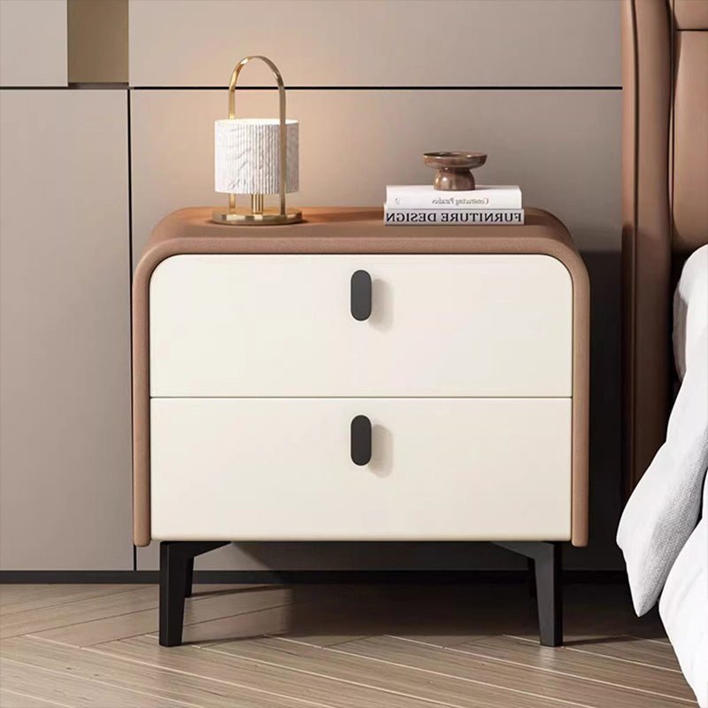 Contemporary Scandinavian Microfiber Leather Solid Wood Steel Rounded Square Nightstand With 2 Drawers For Bedroom