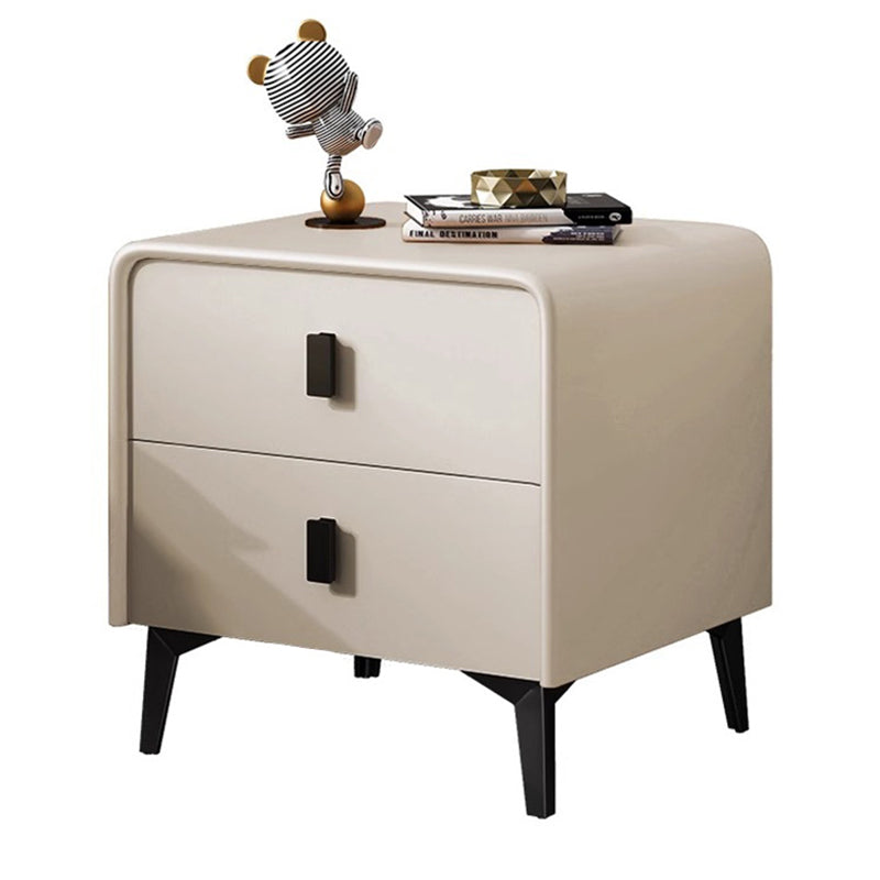 Contemporary Scandinavian Microfiber Leather Solid Wood Steel Rounded Square Nightstand With 2 Drawers For Bedroom