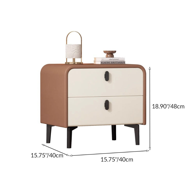 Table de chevet carrée arrondie en bois massif et acier avec microfibre effet cuir, style scandinave contemporain, avec 2 tiroirs pour chambre à coucher 