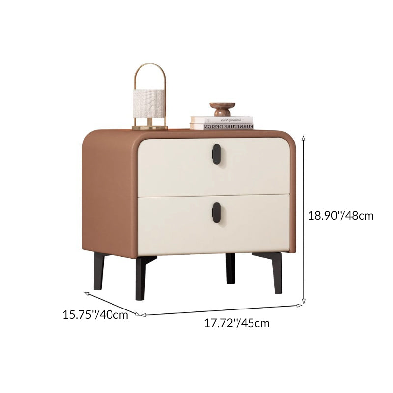Table de chevet carrée arrondie en bois massif et acier avec microfibre effet cuir, style scandinave contemporain, avec 2 tiroirs pour chambre à coucher 
