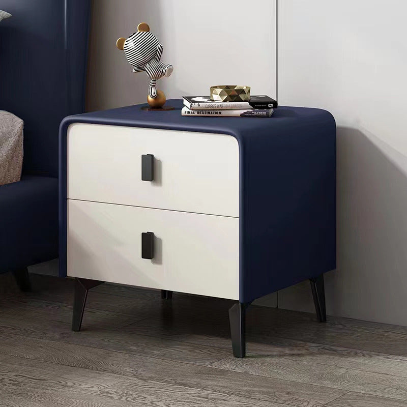 Table de chevet carrée arrondie en bois massif et acier avec microfibre effet cuir, style scandinave contemporain, avec 2 tiroirs pour chambre à coucher 