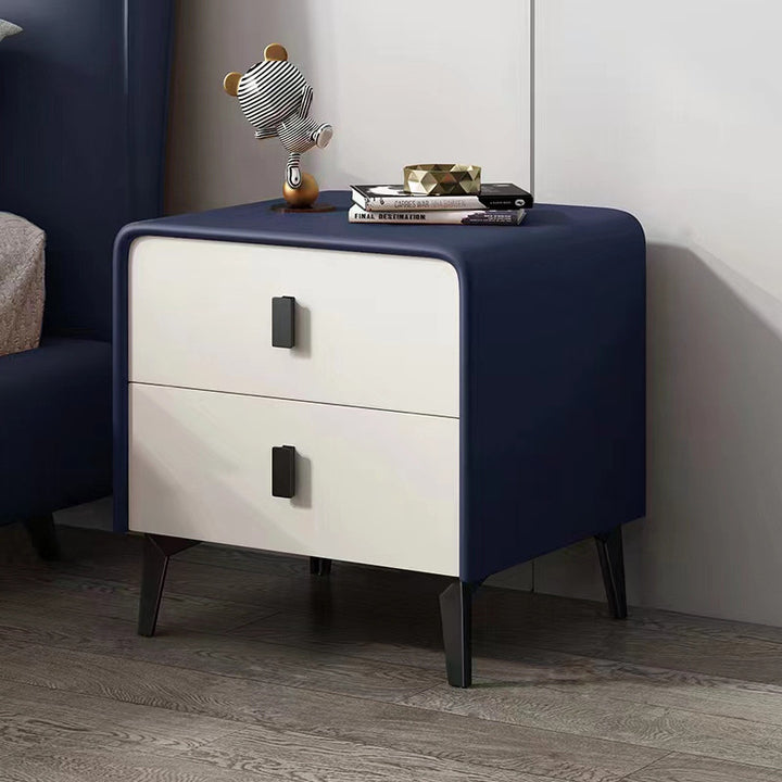Table de chevet carrée arrondie en bois massif et acier avec microfibre effet cuir, style scandinave contemporain, avec 2 tiroirs pour chambre à coucher 
