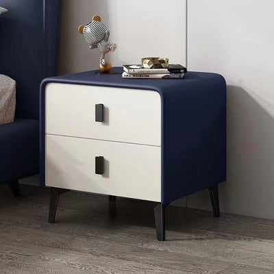 Contemporary Scandinavian Microfiber Leather Solid Wood Steel Rounded Square Nightstand With 2 Drawers For Bedroom