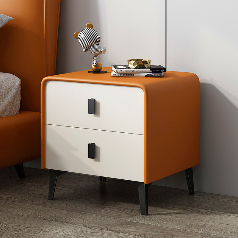 Contemporary Scandinavian Microfiber Leather Solid Wood Steel Rounded Square Nightstand With 2 Drawers For Bedroom